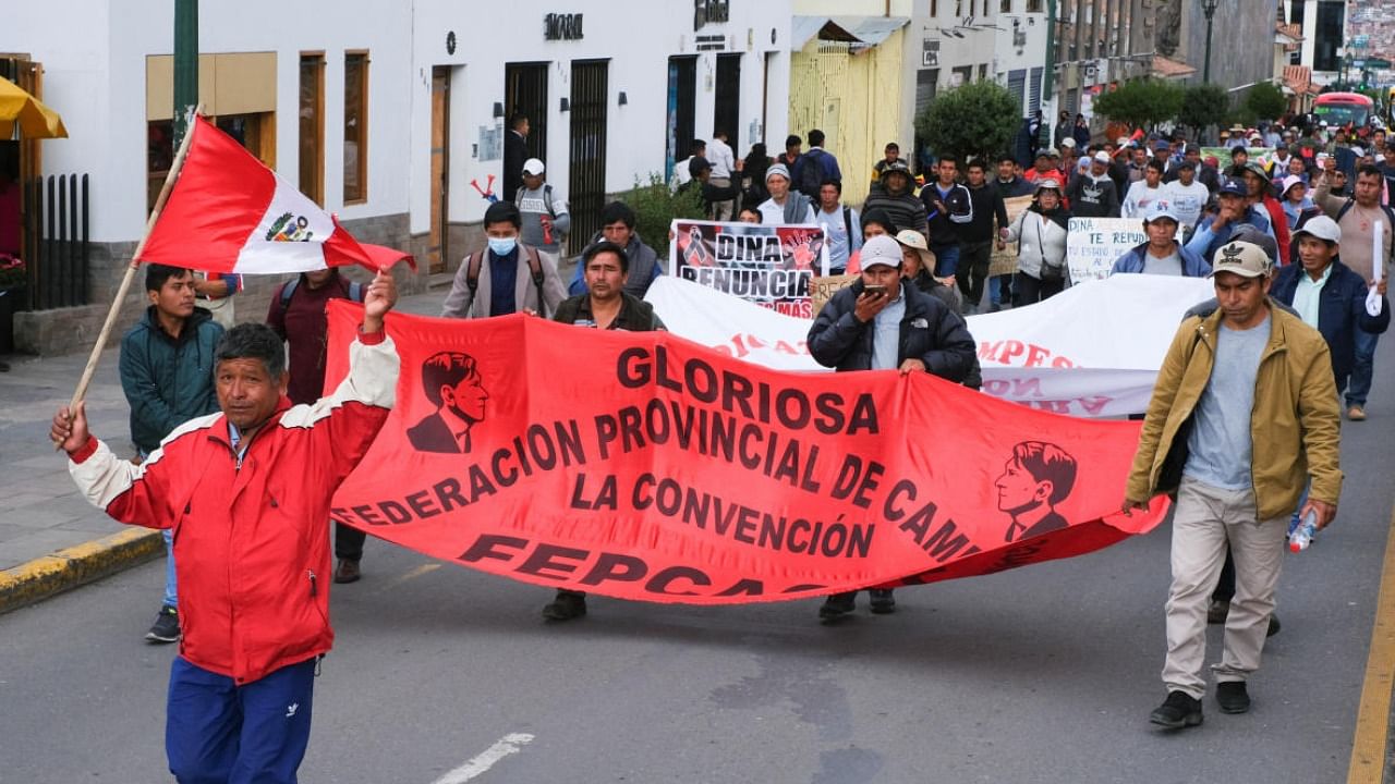 Protesters call out for the resignation of Peru's President Dina Boluarte, following the ousting and arrest of former President Pedro Castillo. Credit: Reuters Photo