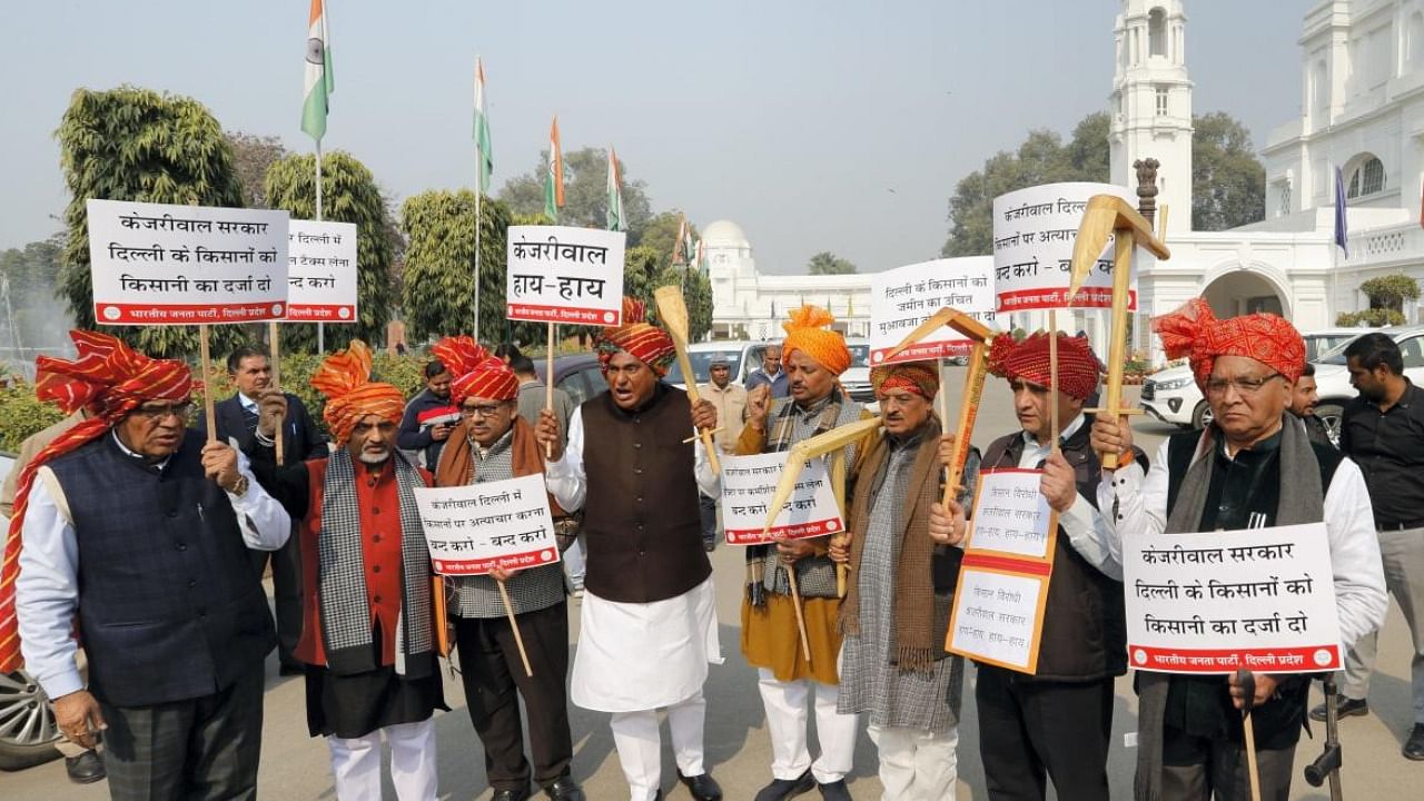 BJP MLAs stage a protest during a session of Delhi Legislative Assembly. Credit: PTI Photo