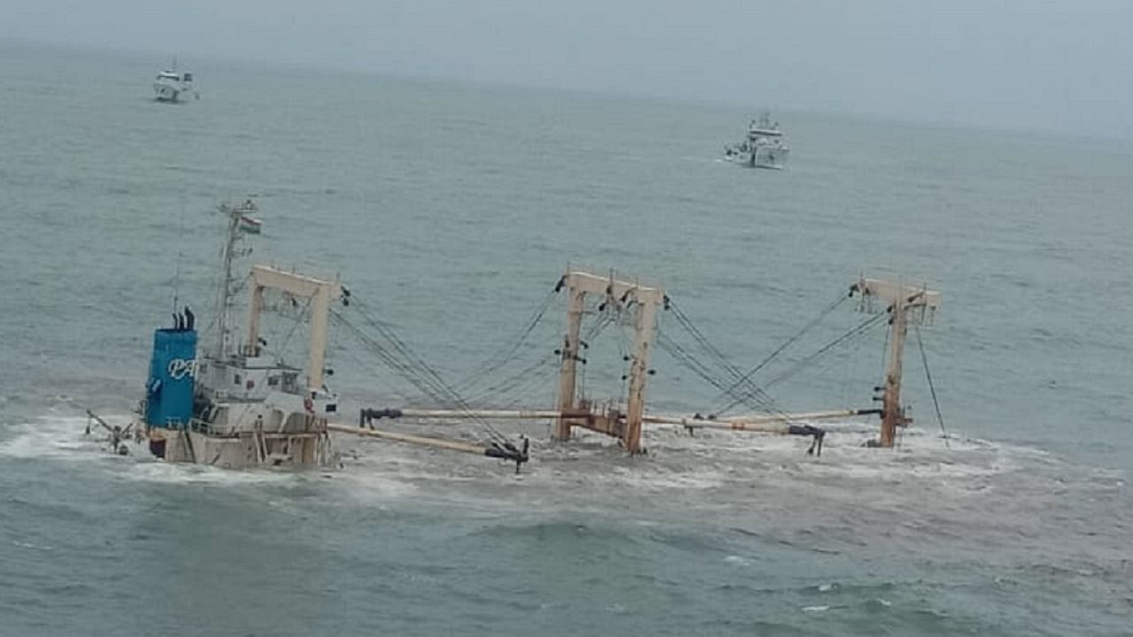 Indian Coast Guard ships monitor the grounded merchant vessel M V Princess Miral. Credit: Special arrangement