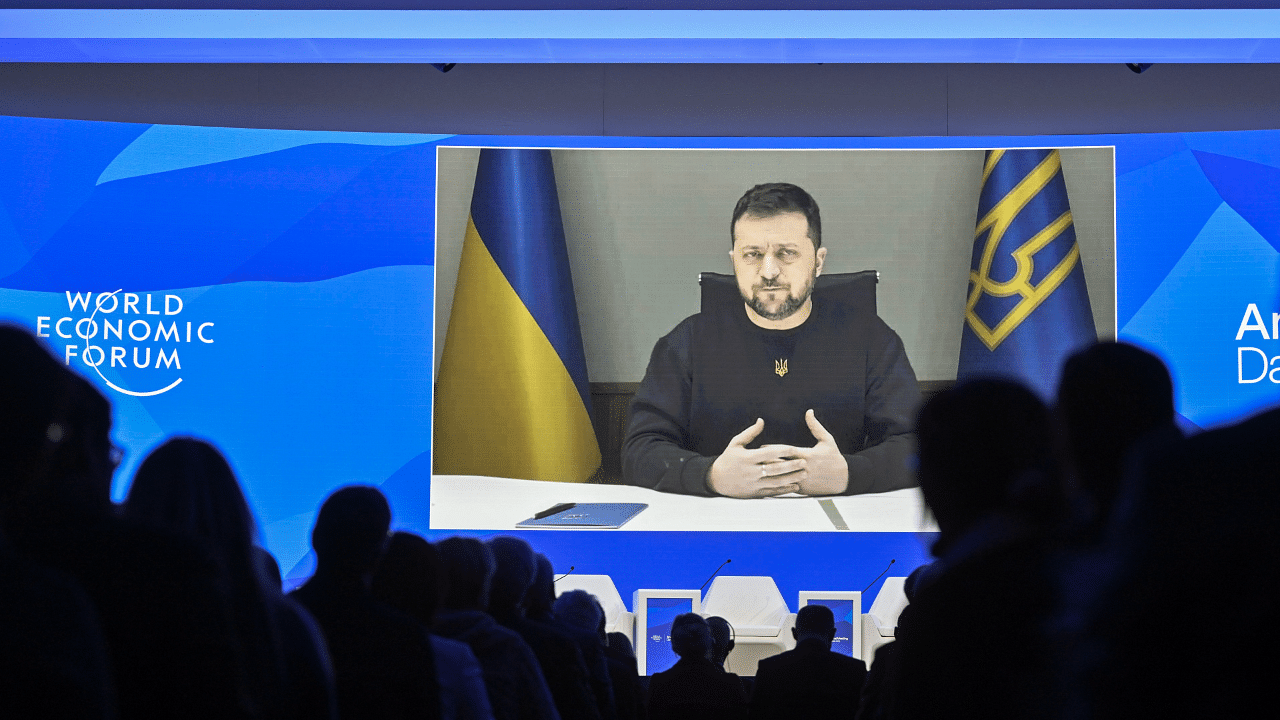 Ukrainian President Volodymyr Zelenskyy at Davos 2023. Credit: AP Photo