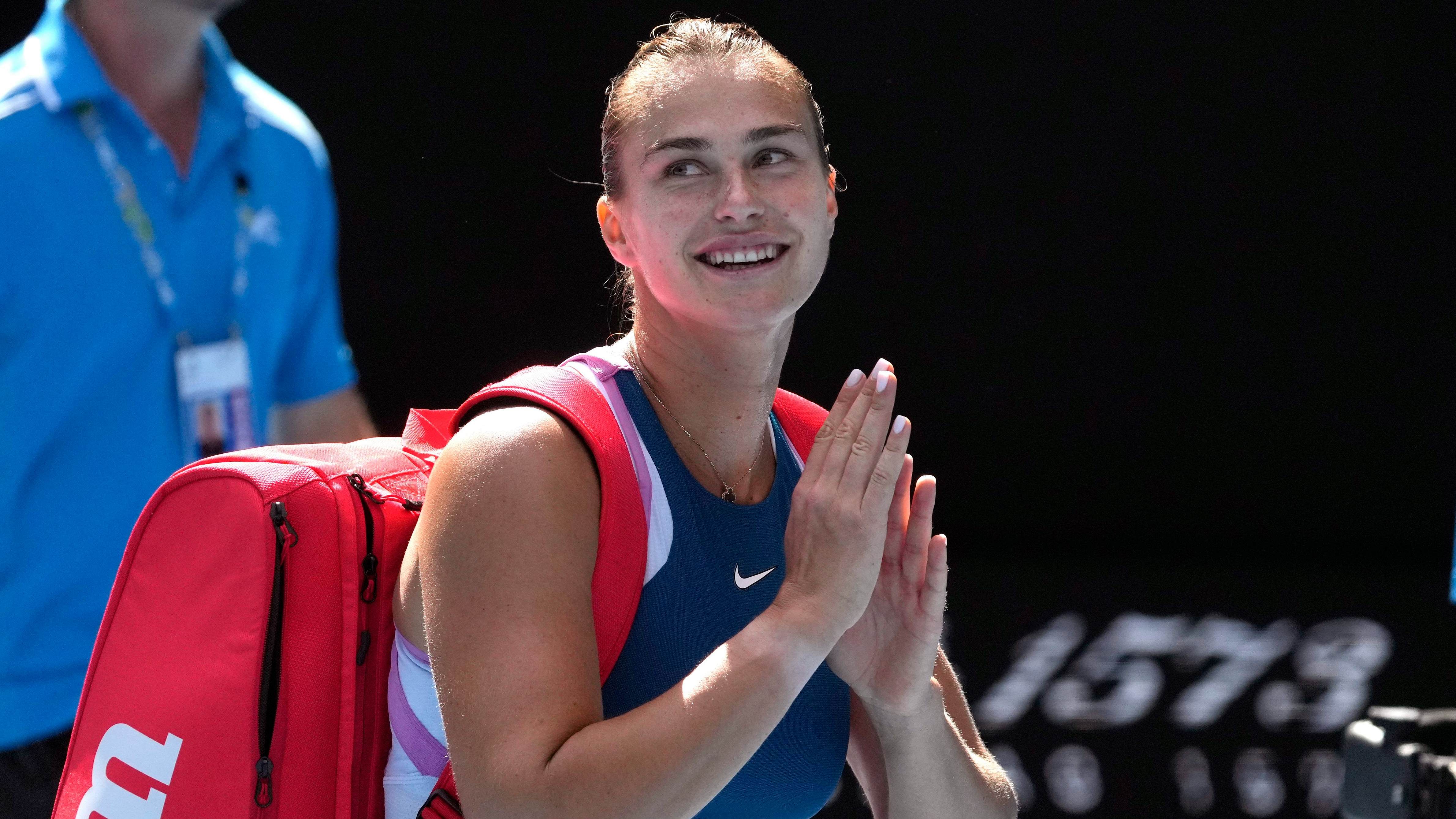 Aryna Sabalenka of Belarus reacts after defeating Elise Mertens of Belgium in their third round match at the Australian Open tennis championship in Melbourne. Credit: AP Photo