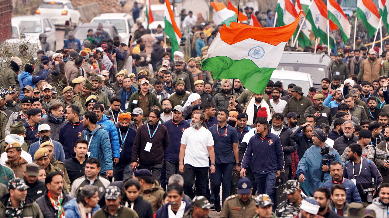 Congress leader Rahul Gandhi with supporters during the party's 'Bharat Jodo Yatra', in Kathua district. Credit: PTI Photo