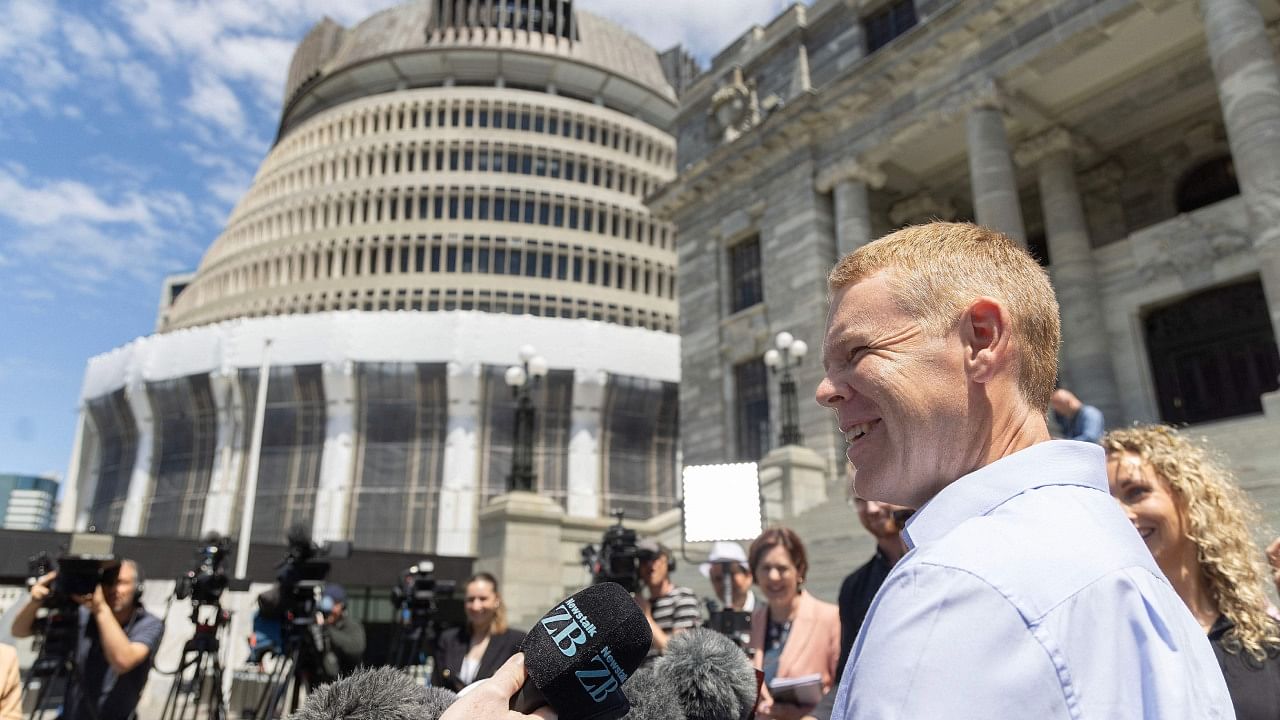 New Zealand's new Prime Minister Chris Hipkins speaks to the media outside Parliament in Wellington on January 21, 2023. Credit: AFP Photo