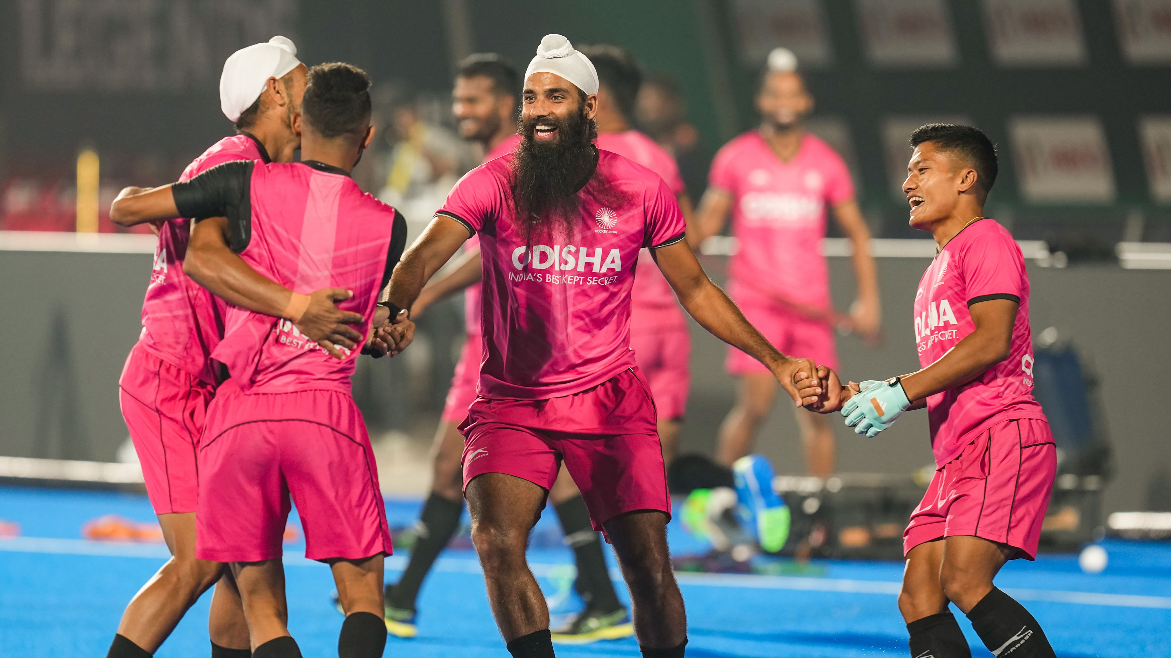 Indian hockey players during a practice session ahead of their match against Wales at the FIH Odisha Hockey Men's World Cup 2023, at Kalinga Hockey Stadium in Bhubaneswar, Wednesday. Credit: PTI Photo