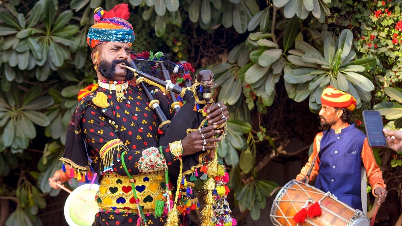 Rajasthani folk artists perform during the Jaipur Literature Festival 2023. Credit: PTI photo
