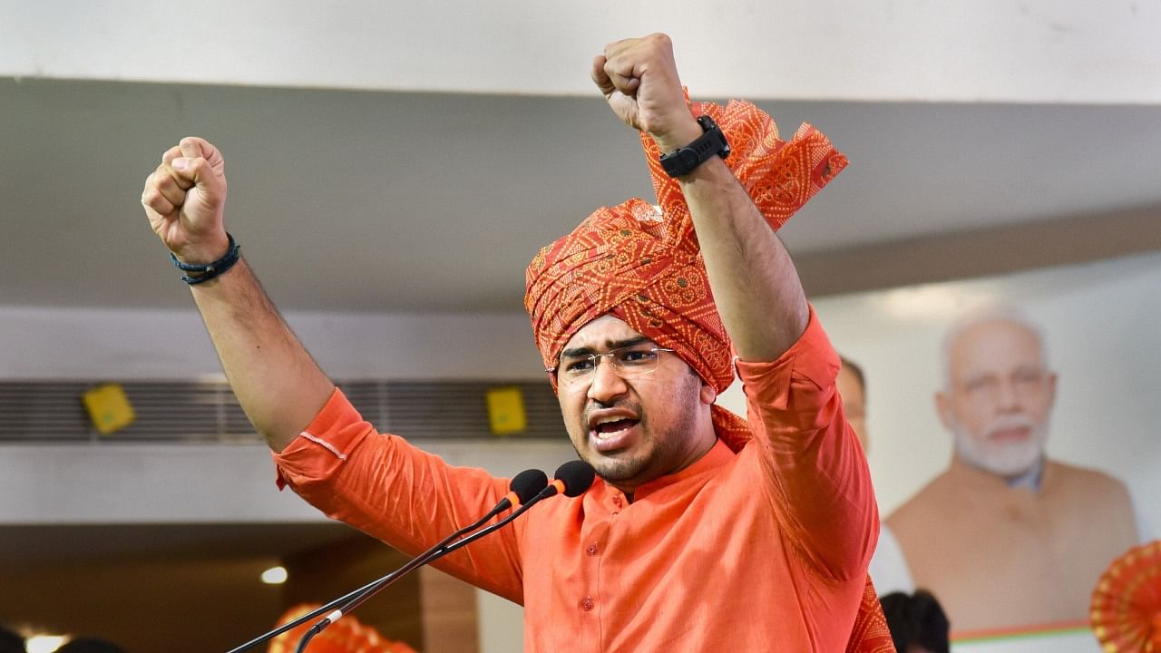 BJP's Tejasvi Surya reportedly opened the emergency door by accident. Credit: PTI File Photo