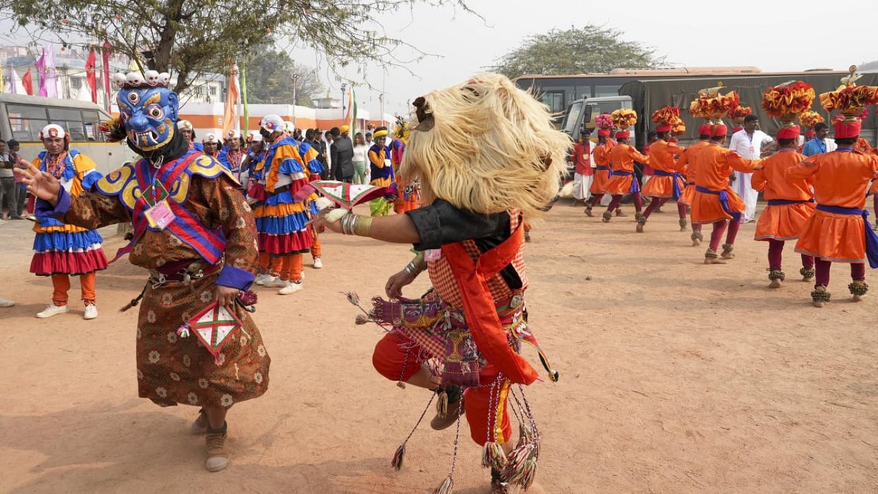 Arunachal Pradesh tableau artists during a press preview, ahead of the Republic Day Parade in Delhi. Credit: PTI Photo