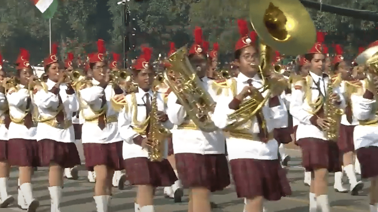 Pilani Band marching on 71st Republic Day Parade on 26th January 2020 at Rajpath, New Delhi. Credit: YouTube/Birla Balika Vidyapeeth Pilani