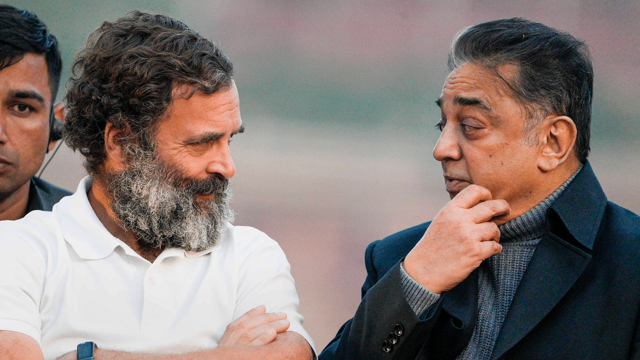 Congress leader Rahul Gandhi with Makkal Needhi Maiam (MNM) leader Kamal Haasan during the Bharat Jodo Yatra. Credit: PTI Photo