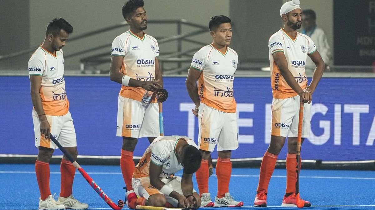 A dejected Indian team after their shock loss against New Zealand in the FIH Hockey World Cup crossover clash in Bhubaneswar on Sunday. Credit: PTI Photo