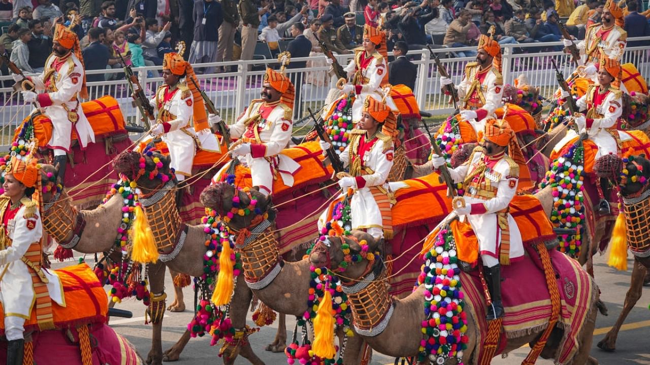 Camel mounted contingent of Border Security Force (BSF) marches past during the full dress rehearsal of the Republic Day Parade 2023, at Kartavya Path in New Delhi, Monday, Jan. 23, 2023. Credit: PTI Photo