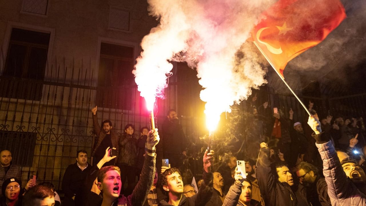 Protesters demonstrate outside the Consulate General of Sweden after Rasmus Paludan, leader of the Danish far-right political party Hard Line, who has Swedish citizenship, burned a copy of the Koran near the Turkish embassy in Stockholm, in Istanbul. Credit: Reuters Photo