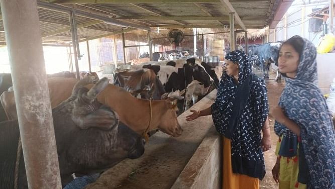 Maimoona and daughter Marzeena with the cows in their farm at Harekala. Credit: DH photo