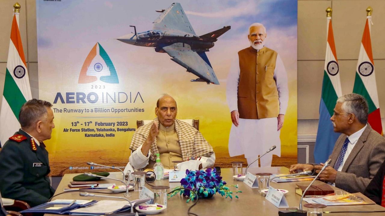 Defence Minister Rajnath Singh speaks during the Aero India 2023 apex committee meeting, in New Delhi. Credit: PTI Photo