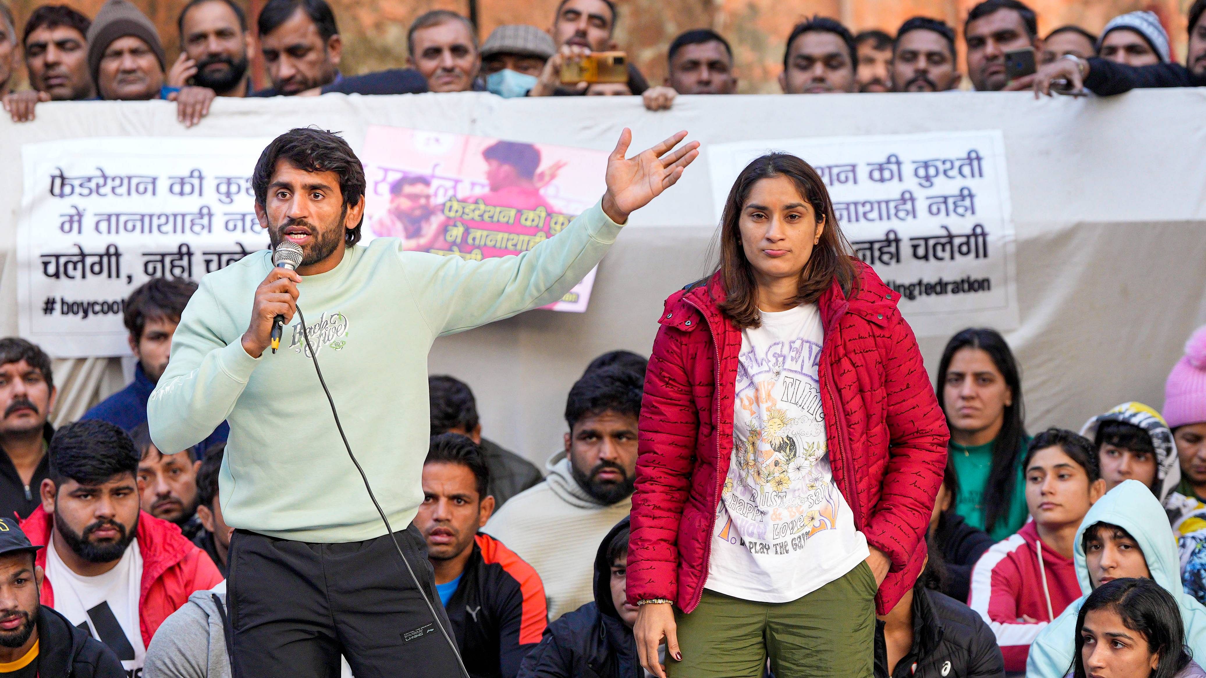 Bajrang Punia, Vinesh Phogat, Sarita Mor and Sakshi Malik, who staged a sit-in protest at Jantar Mantar for three days demanding the sacking of the WFI president. Credit: PTI Photo