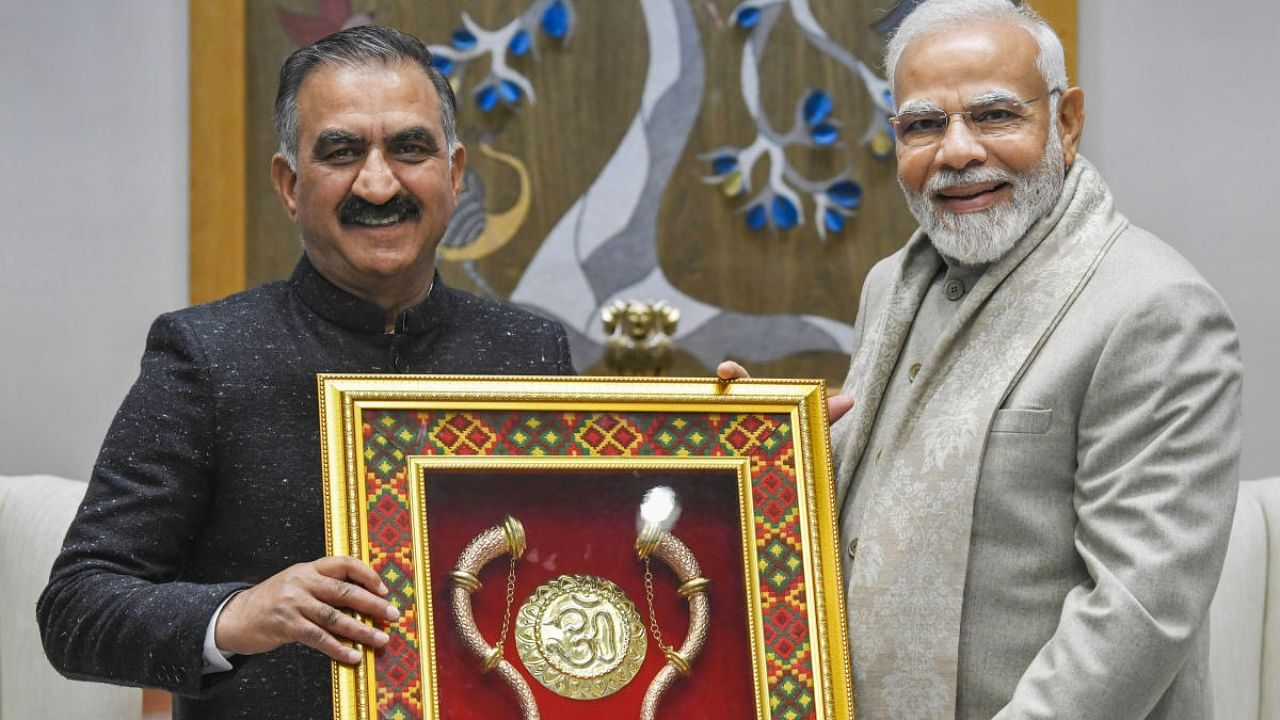 Prime Minister Narendra Modi with Himachal Pradesh Chief Minister Sukhvinder Singh Sukhu during a meeting, in New Delhi, Tuesday, Jan. 24, 2023. Credit: PTI Photo