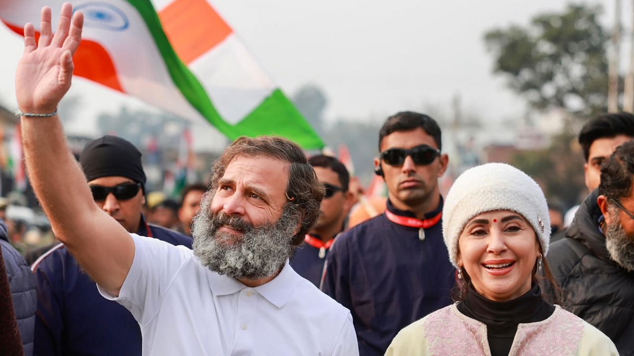 Congress leader Rahul Gandhi with Bollywood actor Urmila Matondkar during the party's 'Bharat Jodo Yatra', in Jammu district, Tuesday, Jan. 24, 2023. Credit: Twitter/@INCIndia