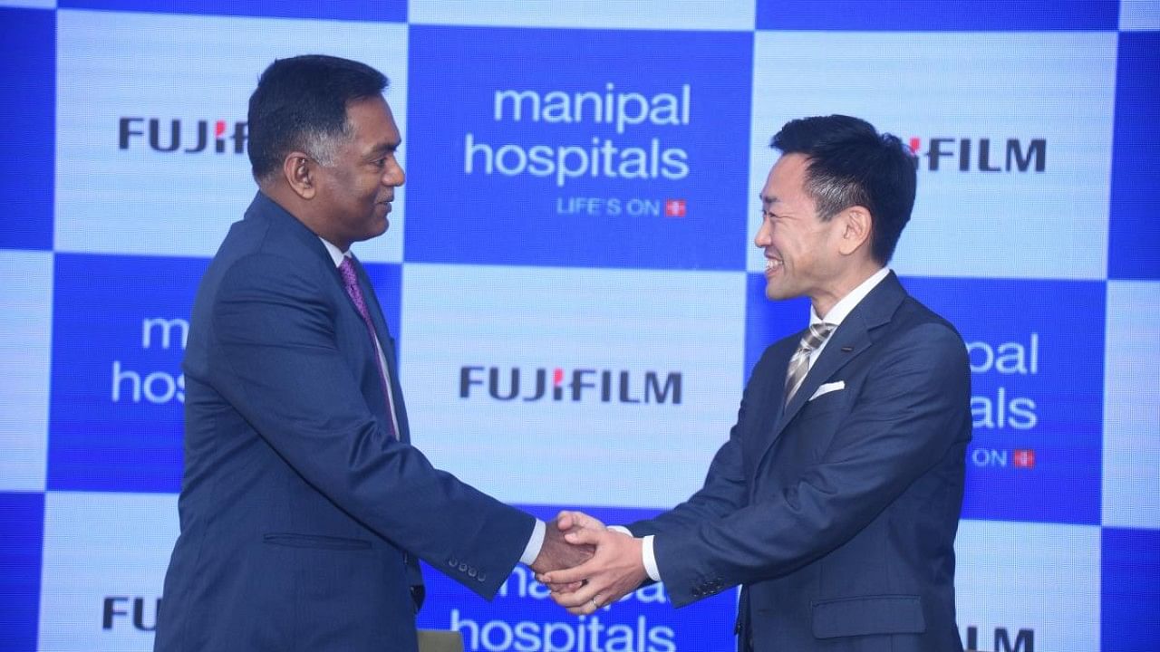 Manipal Hospitals MD and CEO Dilip Jose and Fujifilm India MD Koji Wada (from left to right). Credit: Special Arrangement