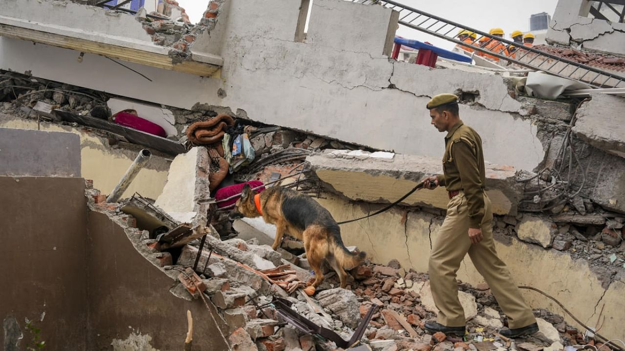 A police personnel with a dog during the search and rescue operation a day after the collapse of a four-storey residential building in the Hazratganj area, in Lucknow, Wednesday, Jan. 25, 2023. Credit: PTI Photo