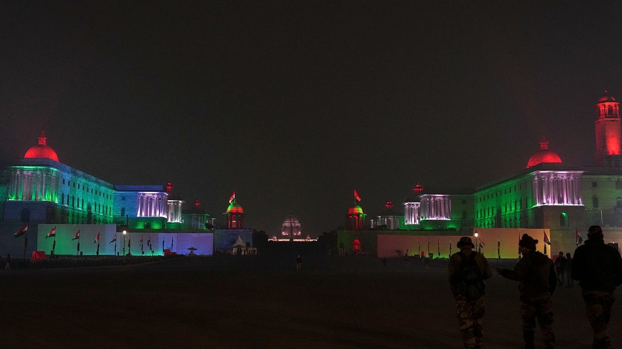 Raisina Hills illuminated ahead of Republic Day. Credit: PTI Photo