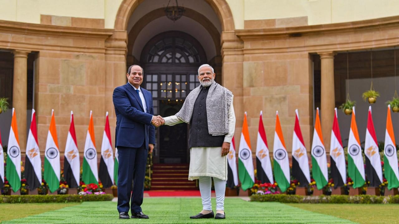 Indian Prime Minister Narendra Modi with Egyptian President Abdel Fattah El-Sisi during a meeting, in New Delhi, Wednesday, Jan. 25, 2023. Credit: PTI Photo