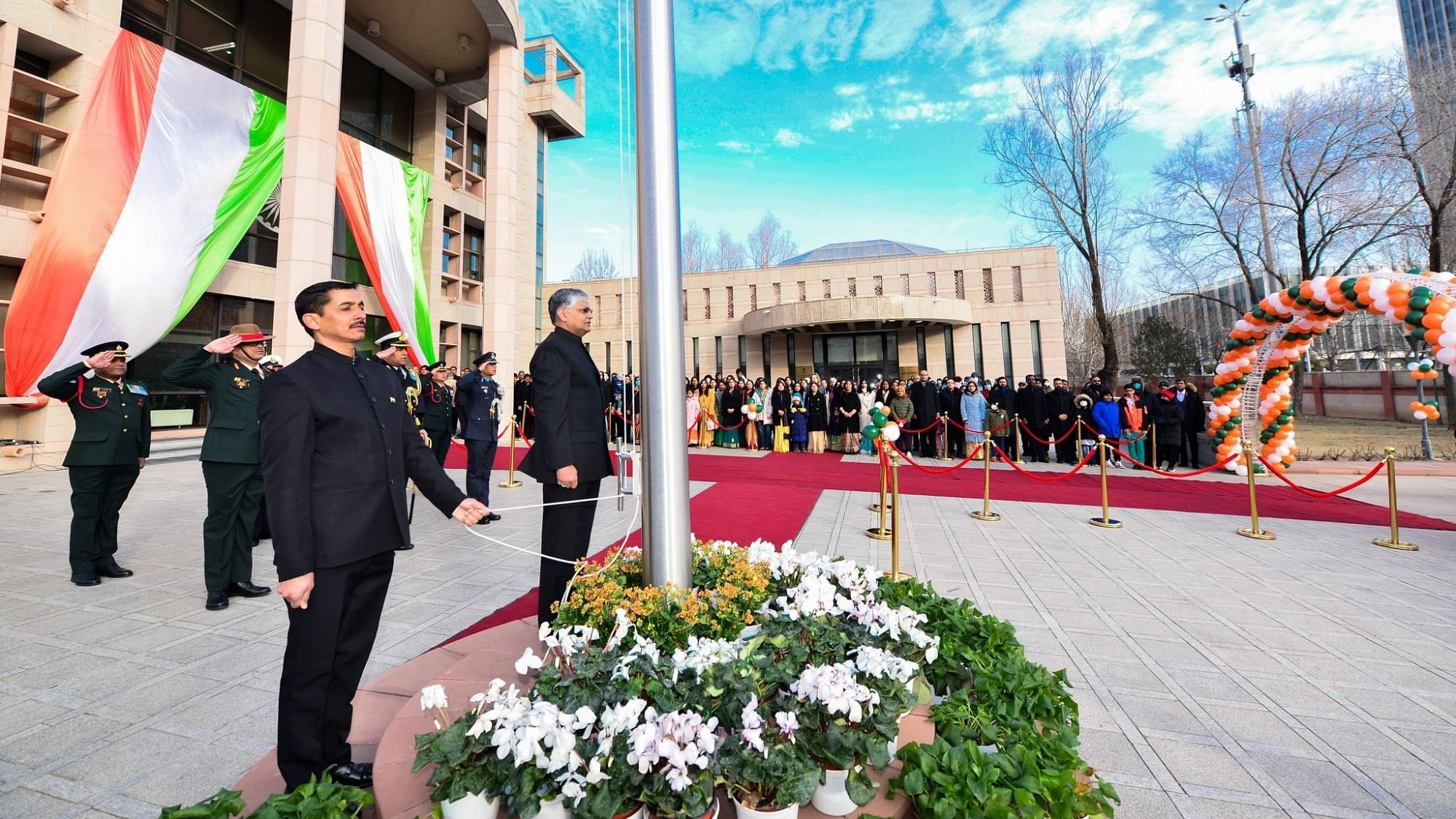 Indian Ambassador to China Pradeep Rawat unfurled the National flag at Indian Embassy in Beijing on the occasion of 74th Republic Day. Credit: IANS Photo