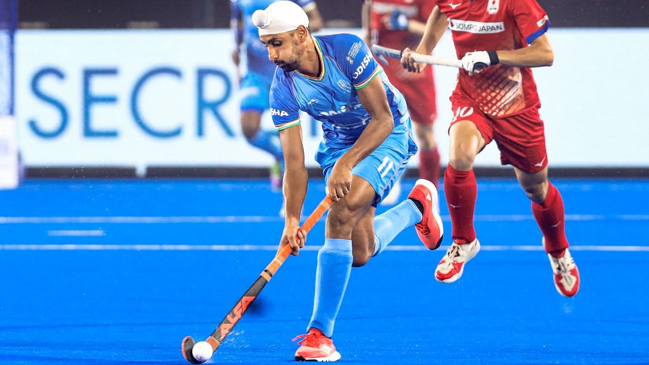 India's Mandeep Singh in action during a classification match of the 2023 Men's FIH Hockey World Cup against Japan, at Birsa Munda International Hockey Stadium in Rourkela, Thursday, Jan. 26, 2023. Credit: PTI Photo