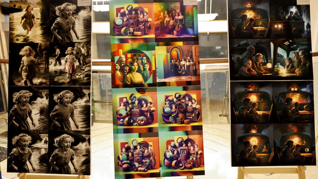 A view shows images created using the memories of Holocaust survivors and avatars made from their personal photographs, and by using Midjourney, an artificial intelligence program that creates images from text are exhibited as part of an initiative by Chasdei Naomi, a non-profit organisation that provides help to thousands of Holocaust survivors, in Ashkelon, Israel January 24, 2023. Credit: AFP Photo