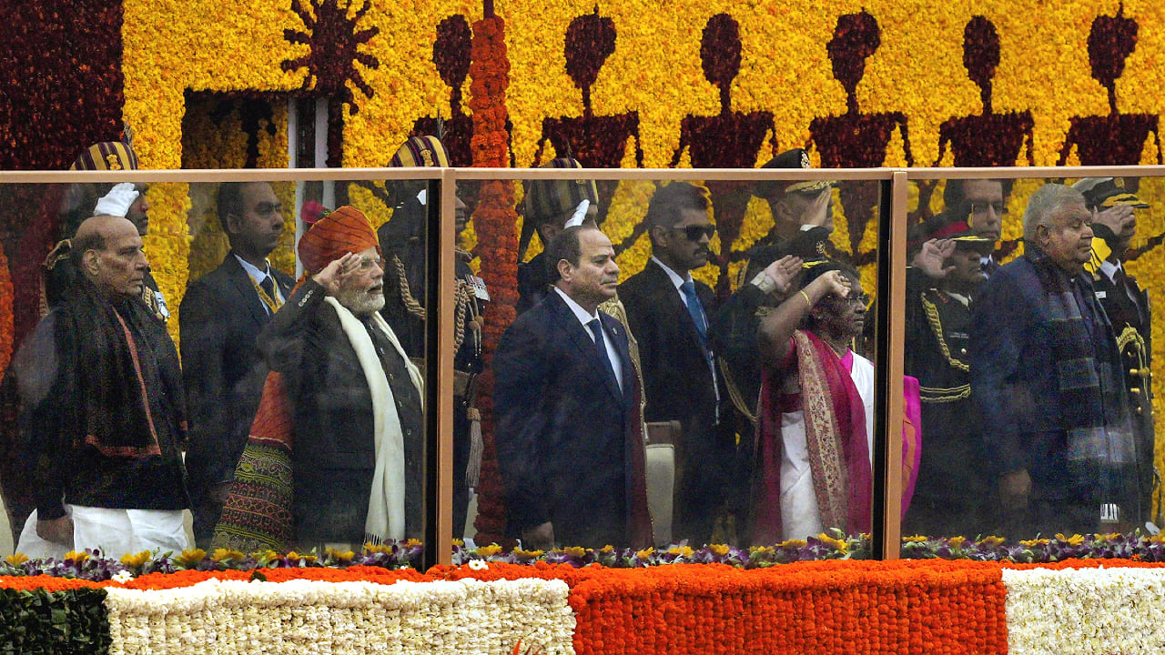 President Droupadi Murmu with chief guest Egyptian President Abdel Fattah El-Sisi, Vice President Jagdeep Dhankhar, Prime Minister Narendra Modi and Defence Minister Rajnath Singh takes the salute during the 74th Republic Day Parade at the Kartavya Path. Credit: PTI Photo