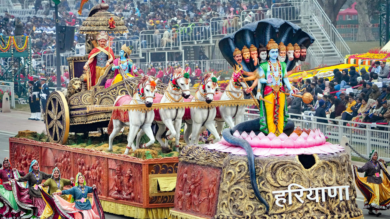 Haryana tableau on display during the 74th Republic Day Parade at the Kartavya Path. Credit: PTI Photo