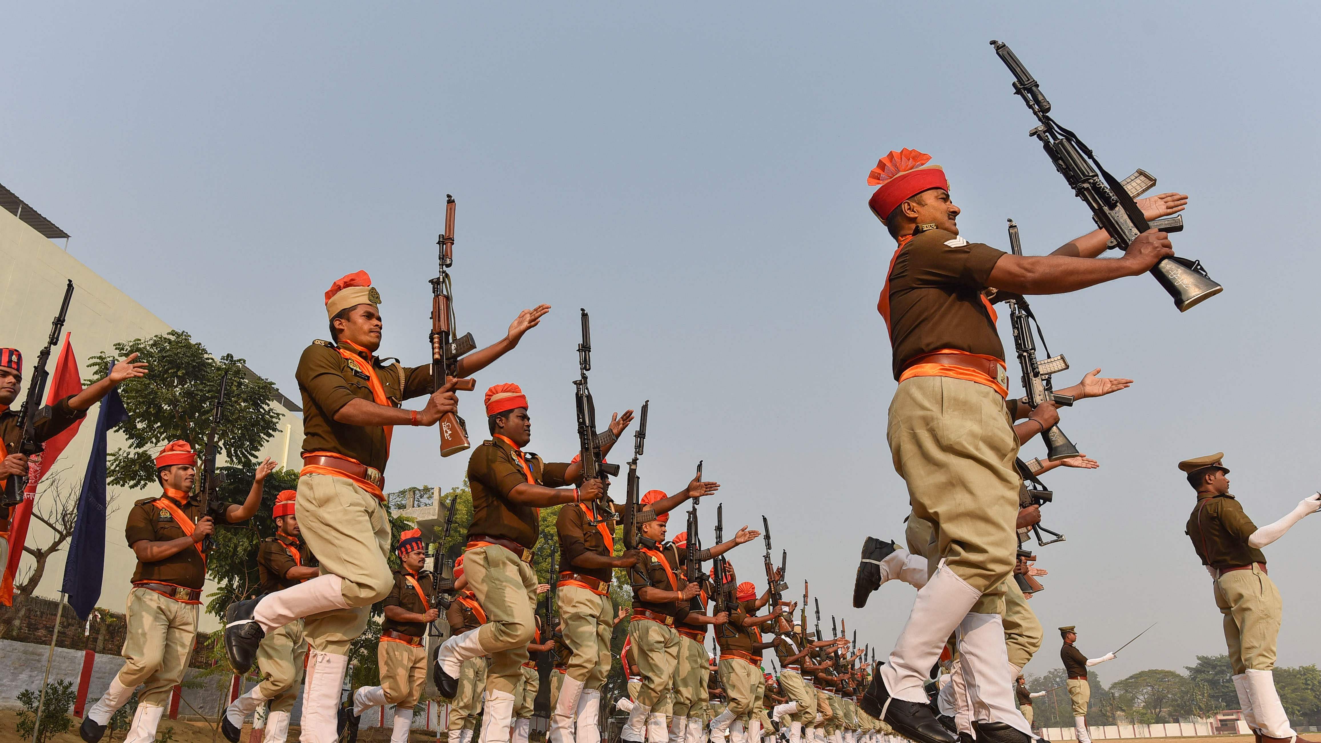 Police personnel take part in Parade during the full dress rehearsal of the Republic Day Parade 2023. Credit: PTI Photo