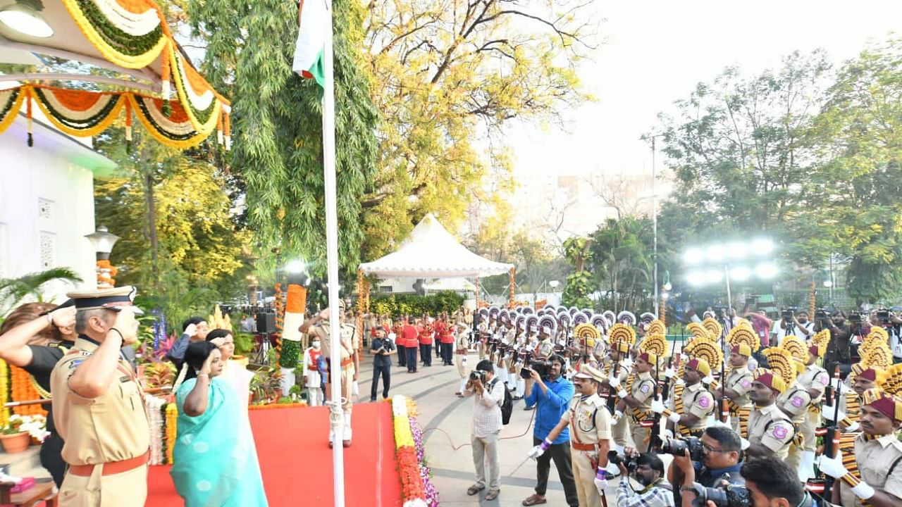 Telangana Governor Tamilisai Soundararajan at the Raj Bhavan flag hoisting on Republic Day. Credit: Twitter/DrTamilisaiGuv 