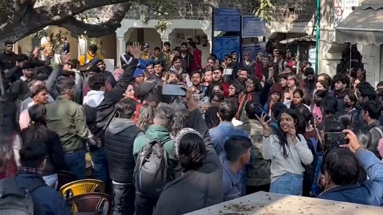 A protest in Delhi's Ambedkar University over the screening of the controversial BBC documentary on PM Modi. Credit: IANS Photo