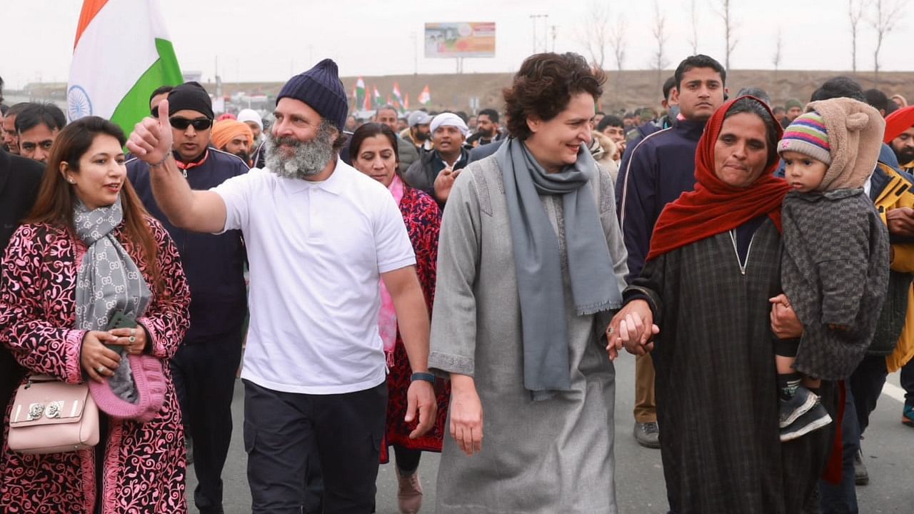 Congress leader and Rahul’s sister Priyanka Gandhi joined her brother near Lethpora before the yatra stopped for a break. Credit: Special Arrangement