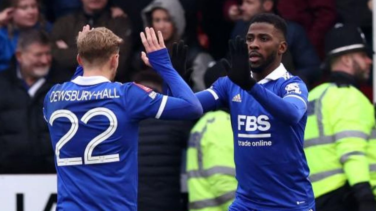 Kelechi Iheanacho (R) celebrates scoring the opening goal during the English FA Cup fourth round football match between Walsall and Leicester City. Credit: AFP Photo