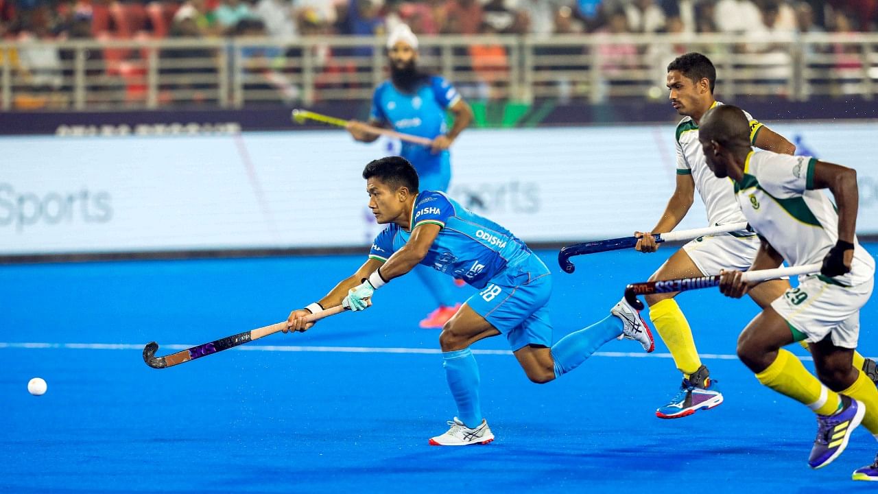 India's Nilakanta Sharma plays during the 2023 Men's FIH Hockey World Cup classification match between India and South Africa, in Rourkela, Saturday, Jan. 28, 2023. India won the match 5-2. Credit: PTI Photo