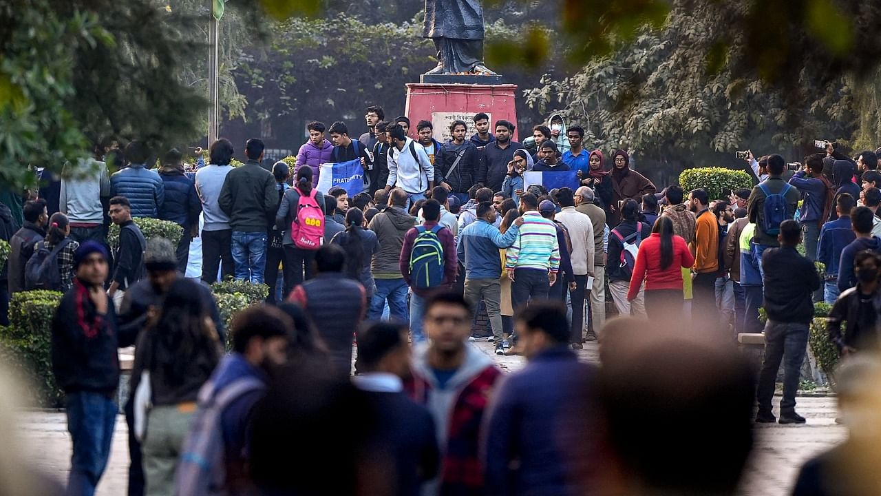 Members of Bhim Army Student Federation gather for screening of the BBC documentary film ‘India: The Modi Question’, at Delhi University Arts Faculty. Credit: PTI Photo