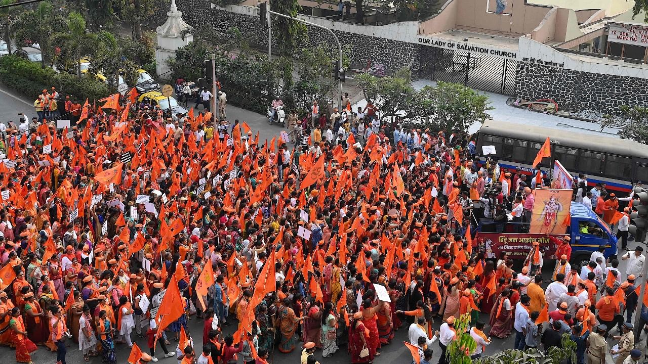 Members of Hindu organizations take part in 'Hindu Jan Aakrosh Morcha' rally to protest against alleged rise in “love jihad”. Credit: AFP Photo
