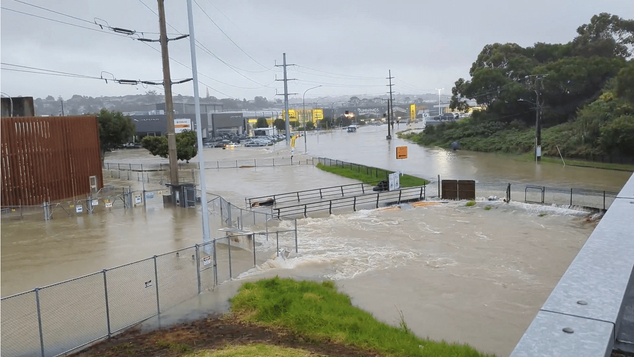 An area flooded during heavy rainfall is seen in Auckland, New Zealand. Credit: @MonteChristoNZ/via Reuters Photo