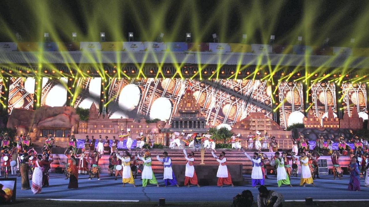 Artists perform during the final rehearsal on the eve of the opening of Khelo India Youth Games, at TT Nagar Stadium in Bhopal. Credit: PTI Photo