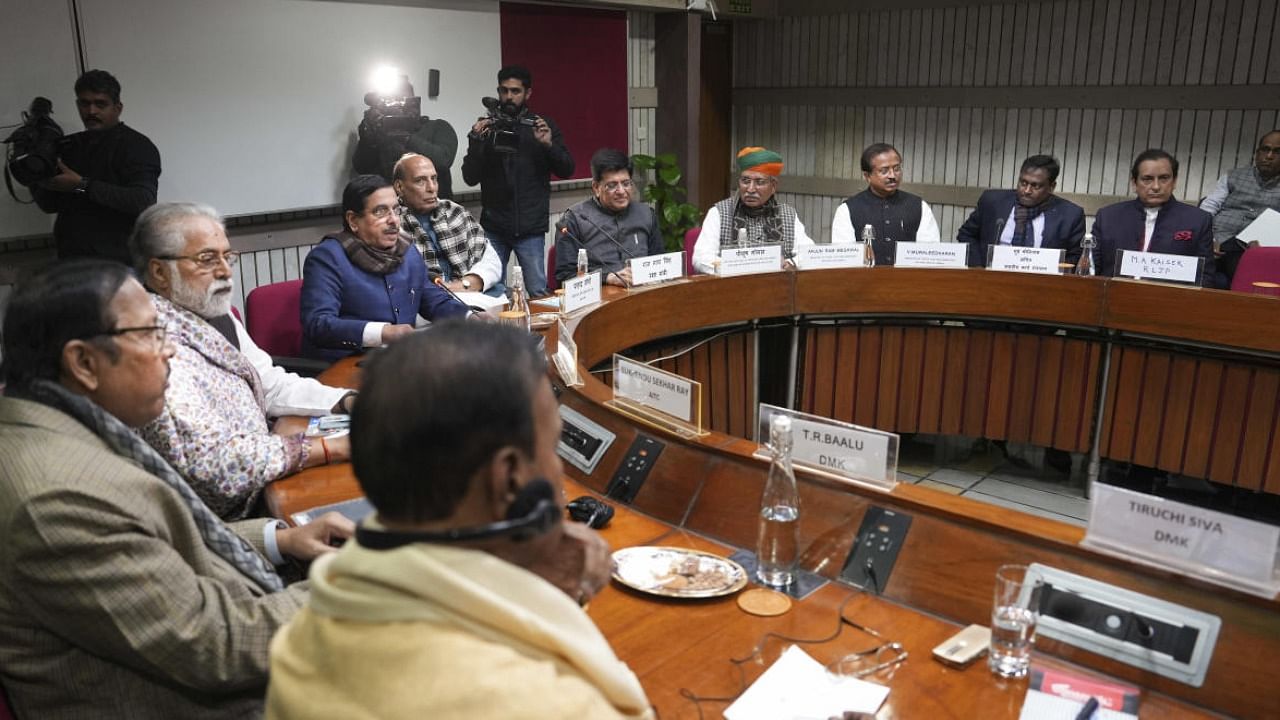 Defence Minister Rajnath Singh with Union Ministers Piyush Goyal, Pralhad Joshi and other leaders during an all-party meeting in New Delhi. Credit: PTI Photo