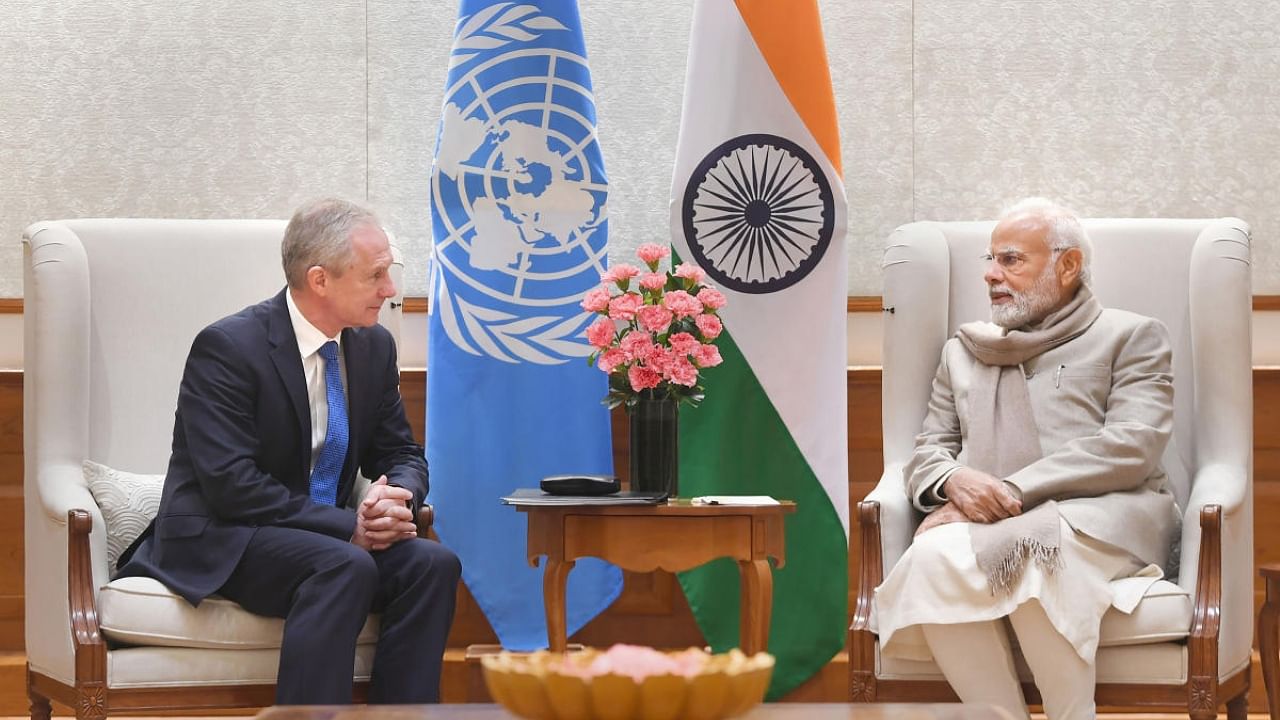 Prime Minister Narendra Modi with the President of the 77th session of the United Nations General Assembly, Csaba Korosi during a meeting, in New Delhi. Credit: PTI Photo
