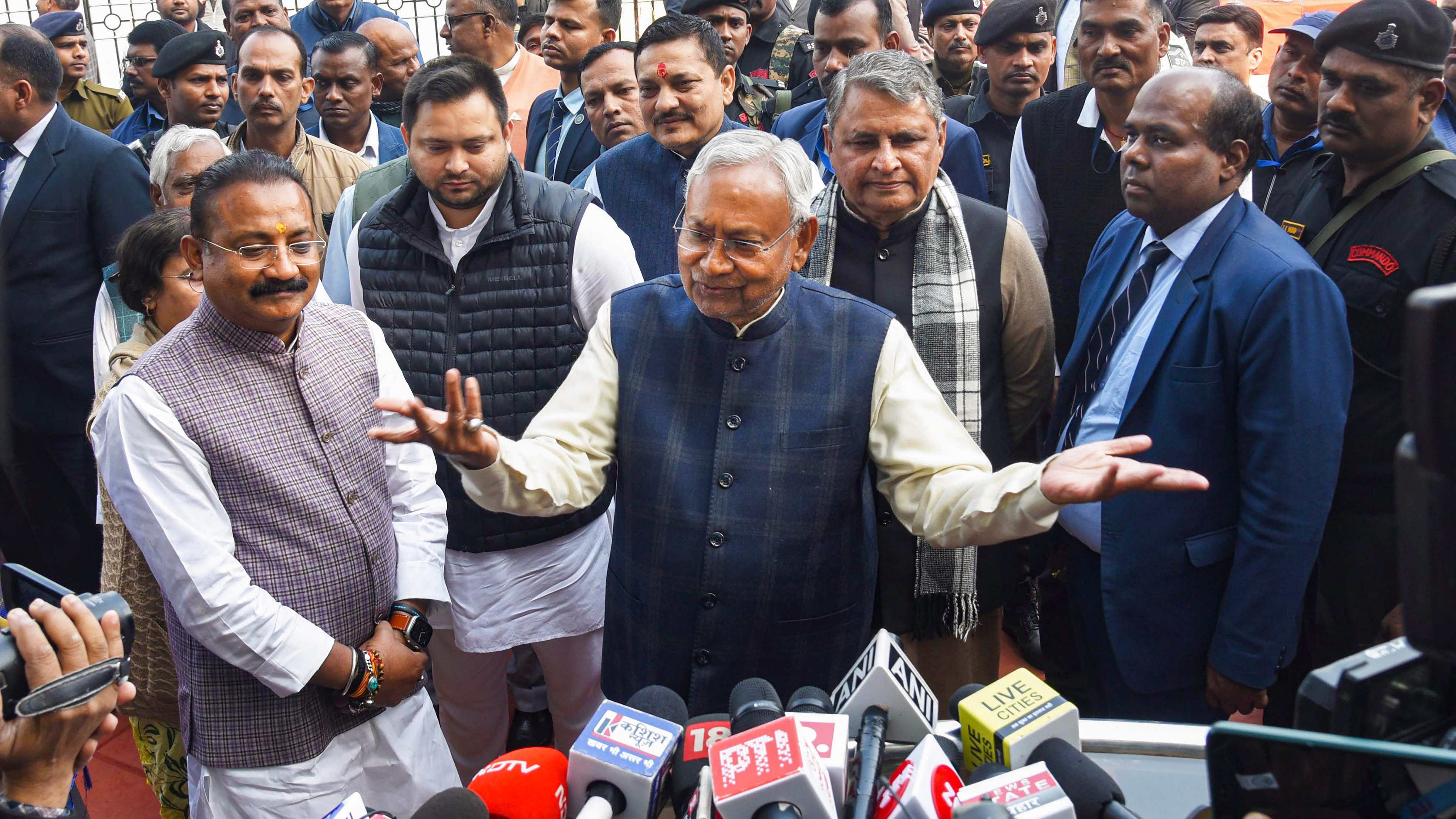  Bihar Chief Minister Nitish Kumar with Deputy Chief Minister Tejashwi Yadav. Credit: PTI Photo