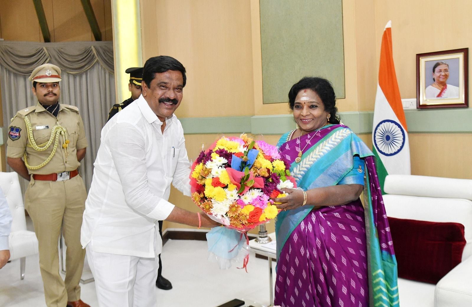 State legislative affairs minister Prashanth Reddy with Governor Tamilisai Soundararajan. Credit: Special Arrangement