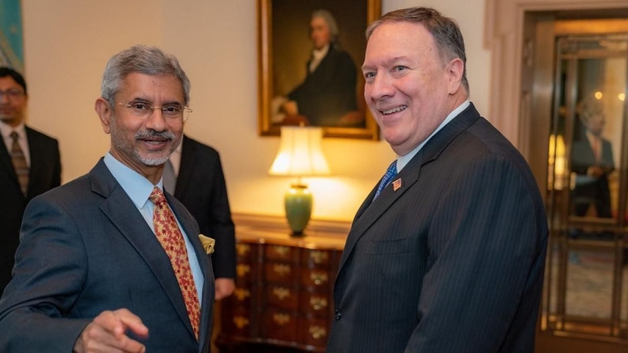 Former US Secretary of State Mike Pompeo with India's External Affairs Minister S. Credit: IANS via State Department