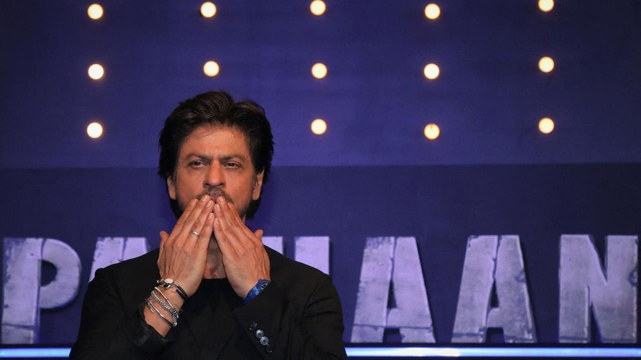 Shahrukh Khan gestures during the success celebration event of the film 'Pathaan' in Mumbai. Credit: Reuters Photo