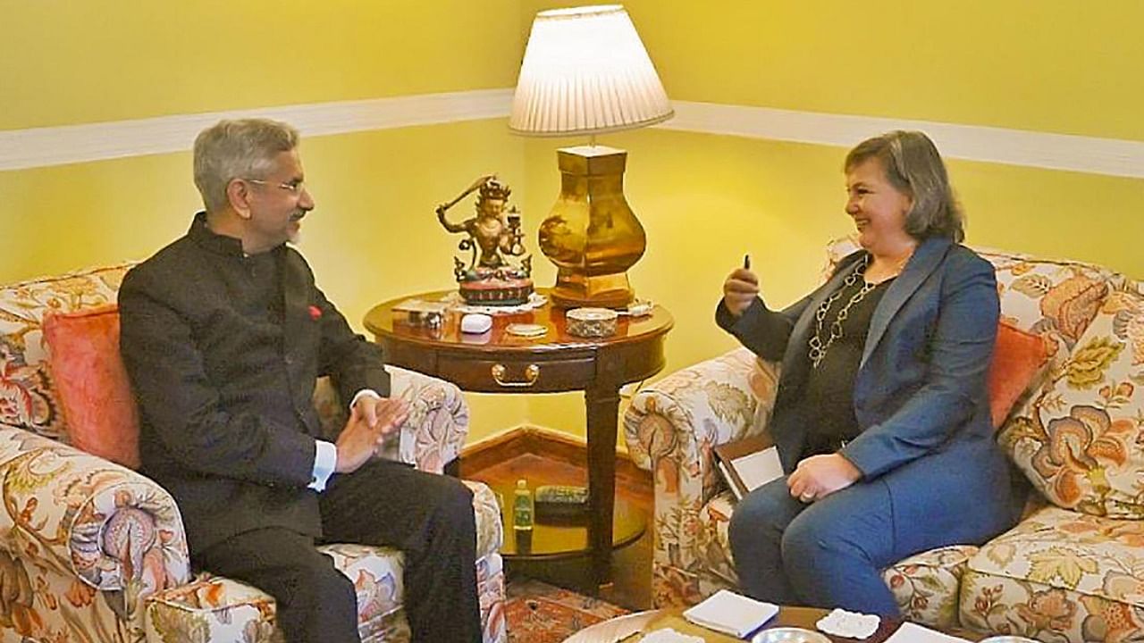 External Affairs Minister S Jaishankar interacts with US Under Secretary of State for Political Affairs Victoria Nuland. Credit: PTI Photo