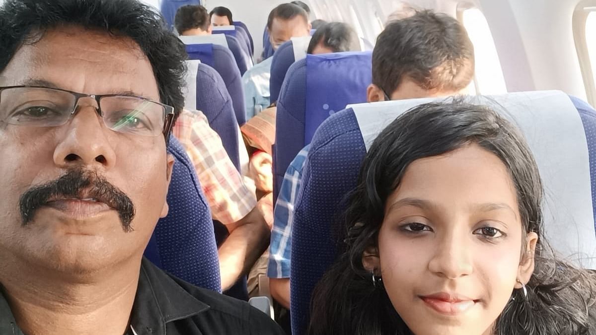 Kollam native Vedika P V had her maiden flight journey on Sunday with the help of Gandhi. She even got the opportunity to interact with the pilot and learn about flying. Credit: Special Arrangement