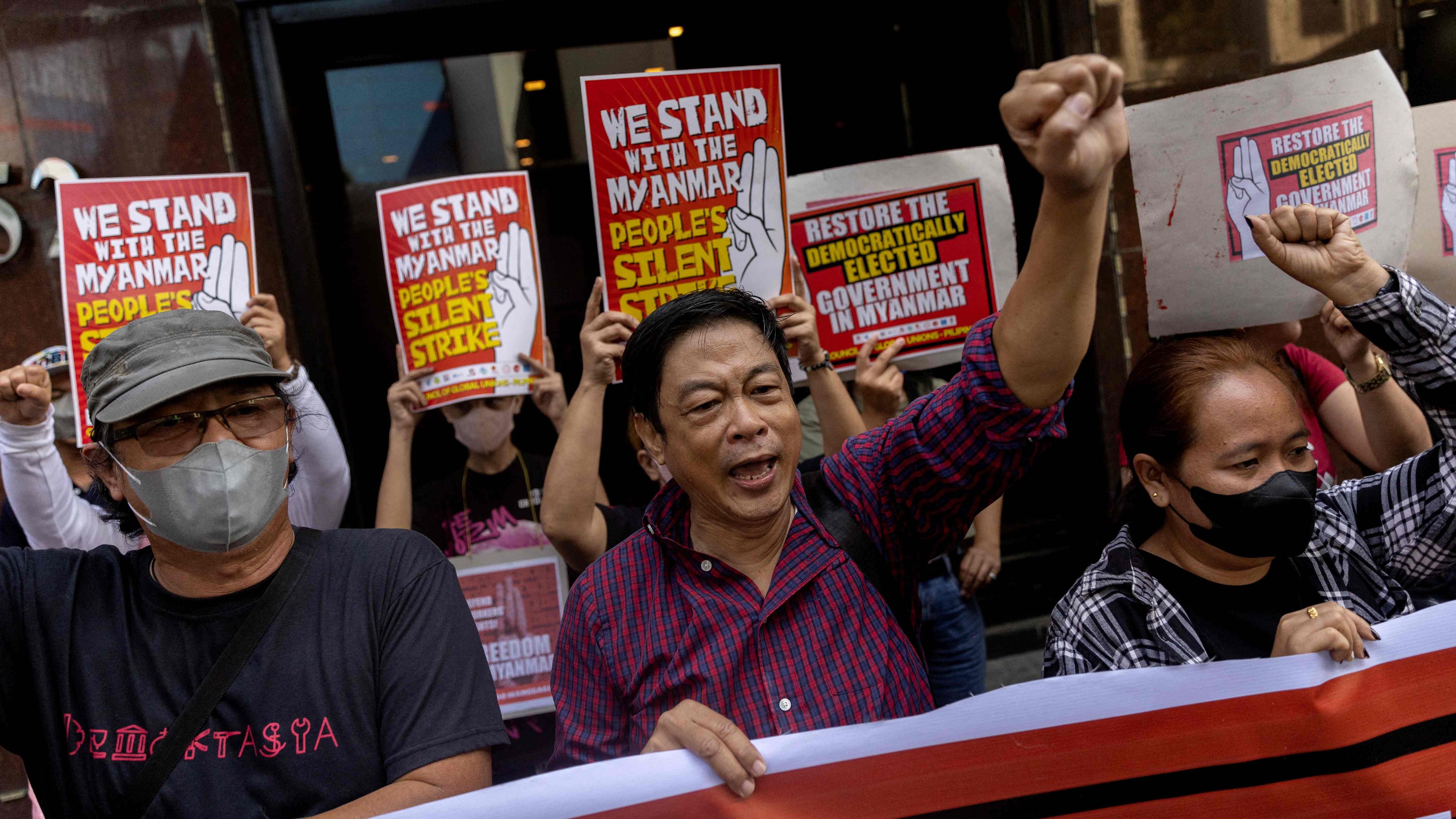 Filipino activists stage a protest in solidarity with Myanmar citizens, two years since Myanmar's military coup, outside the Embassy of Myanmar in Makati City, Philippines. Credit: Reuters Photo