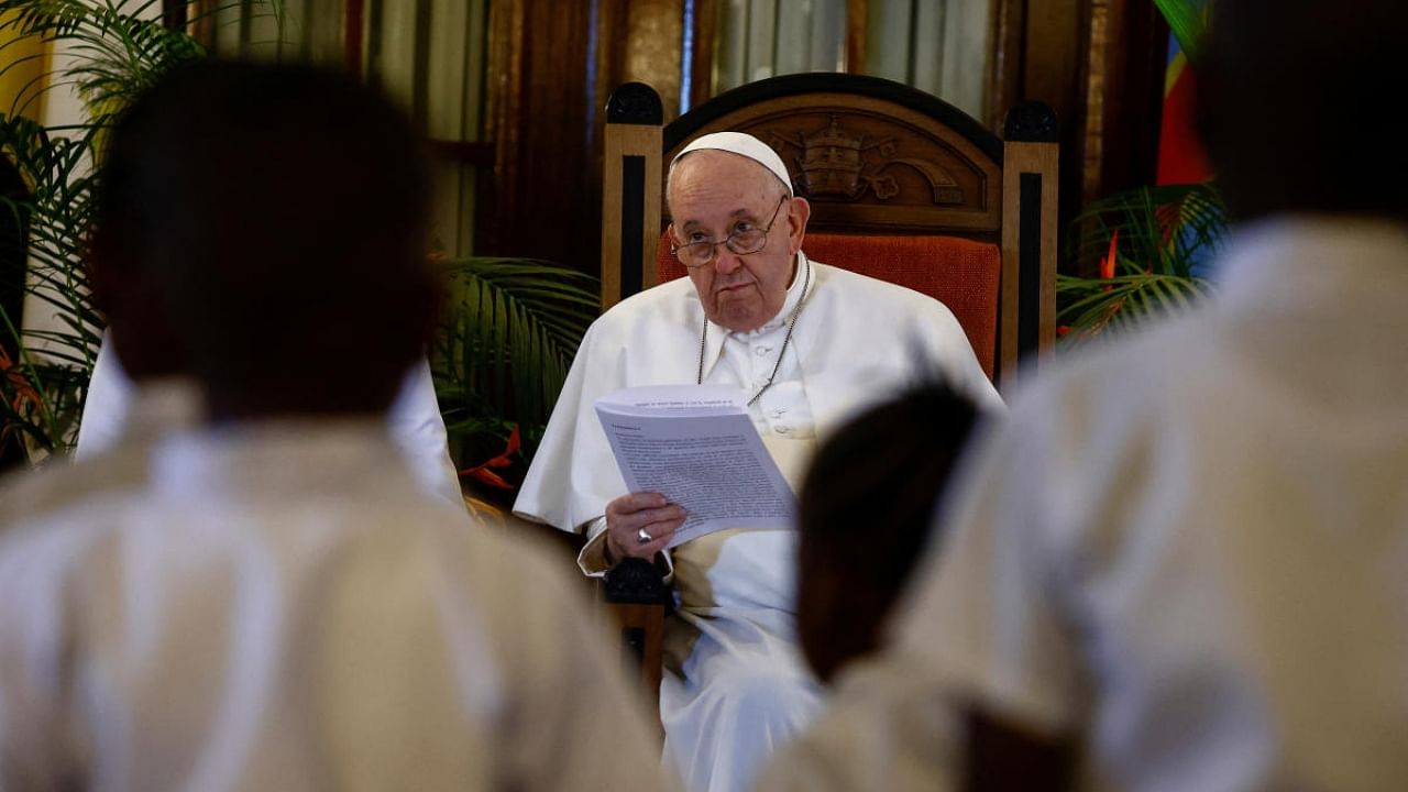 Pope Francis attends a meeting with representatives from charities, during his apostolic journey, at the Apostolic Nunciature in Kinshasa. Credit: Reuters Photo